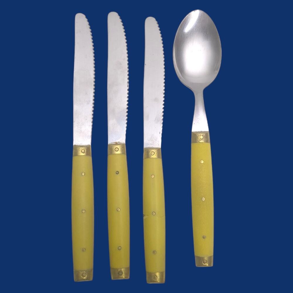Bonniers France 3 Dinner Knives & 1 Table Spoon Ivory Tone and Brass Handles